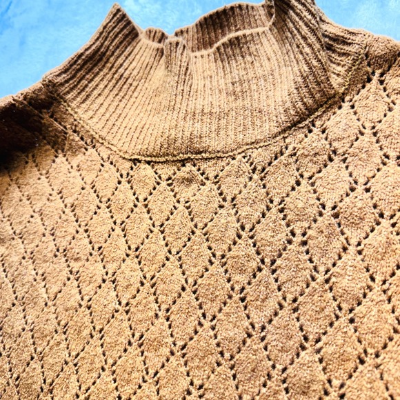 Wonderly Camel Brown Diamond Pointelle Mock Neck Lantern Sleeve Knit Sweater - Picture 4 of 13